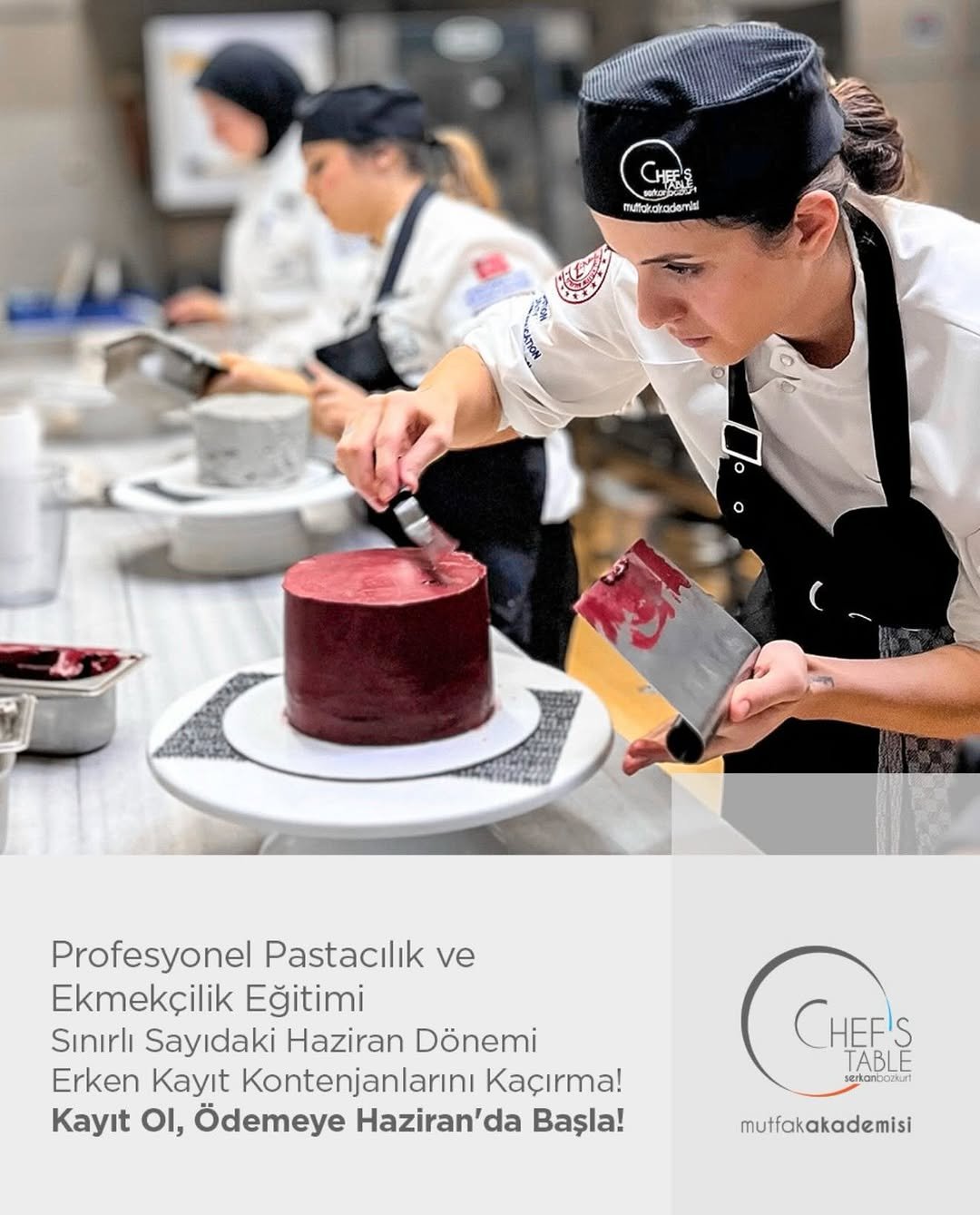 Profesyonel Pastacılık&Ekmekçilik , Profesyonel Aşçılık Eğitimlerinde Yeni Dönem 15 Haziran 2026 Hafta İçi Sınıfları, 20 Haziran 2026’da Hafta Sonu Sınıfı Başlıyor. Erken Kayıt Kontenjanı Yüzdesel Bir Dilim Kontenjanıdır. Görüşme İçin Randevunu Al! Avantajlı Fiyat Fırsatını Kaçırma.
