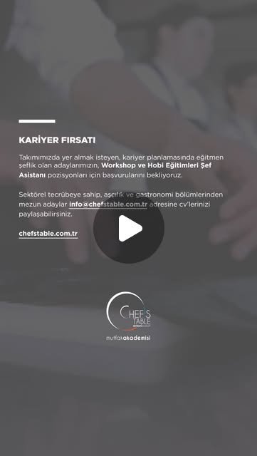KARİYER FIRSATI

Takımımızda yer almak isteyen, kariyer planlamasında eğitmen şeflik olan adayların, Workshop ve Hobi Eğitimler Eğitmen Şef pozisyonu için başvurularını bekliyoruz.

Sektörel tecrübeye sahip, aşçılık ve gastronomi bölümlerinden mezun adaylar info@chefstable.com.tr adresine cv’lerinizi paylaşabilirsiniz.

chefstable.com.tr